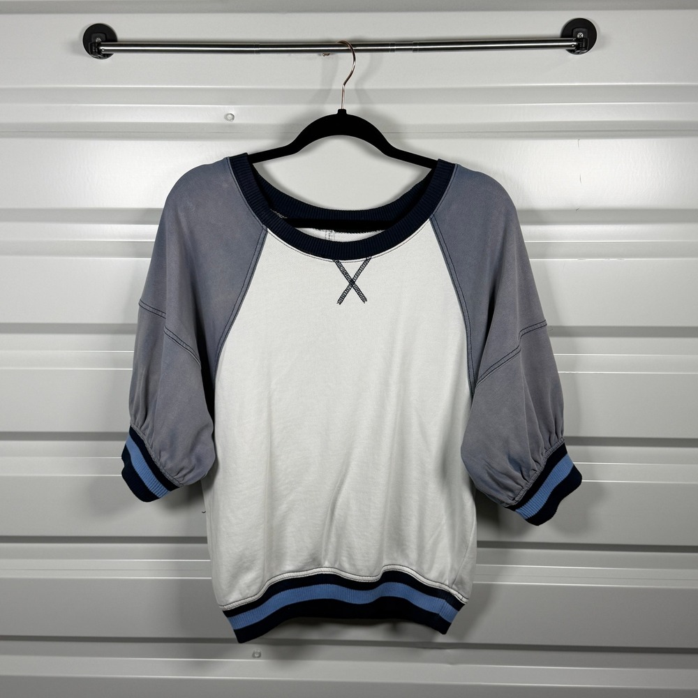 Pilcro Sweatshirt Womens Medium White Gray Raglan Sleeve Ribbed Trim - Picture 2 of 6